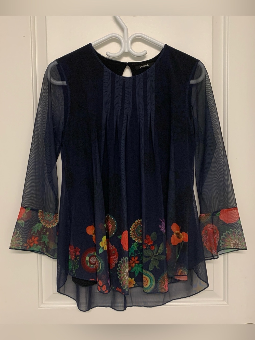 Desigual Floral Blouse M Sheer Mesh Pleated Bell Sleeve Rhinestone Artsy Boho